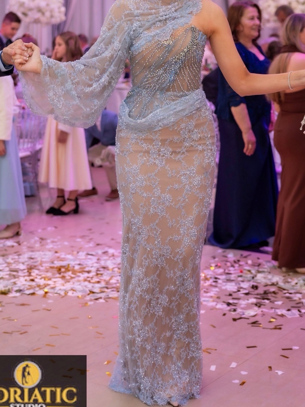 One-Shoulder Light Blue Lace Maxi Dress with Sheer Embellished Bodice